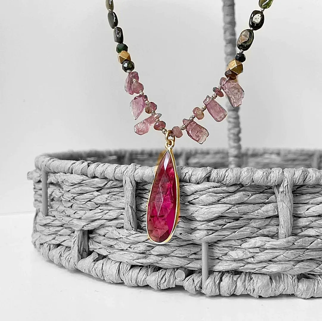 Tourmaline Necklace, Silk Necklace, Hand Knotted, Bohemian Necklace, Tourmaline Chunky Jewelry, Tourmaline Bead, Green and Pink Necklace-