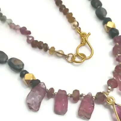 Tourmaline Necklace, Silk Necklace, Hand Knotted, Bohemian Necklace, Tourmaline Chunky Jewelry, Tourmaline Bead, Green and Pink Necklace-