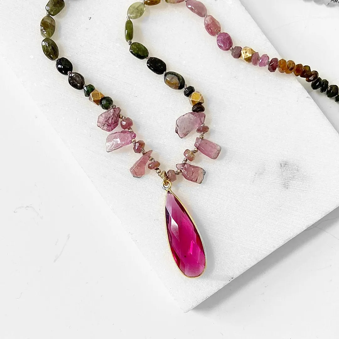 Tourmaline Necklace, Silk Necklace, Hand Knotted, Bohemian Necklace, Tourmaline Chunky Jewelry, Tourmaline Bead, Green and Pink Necklace-