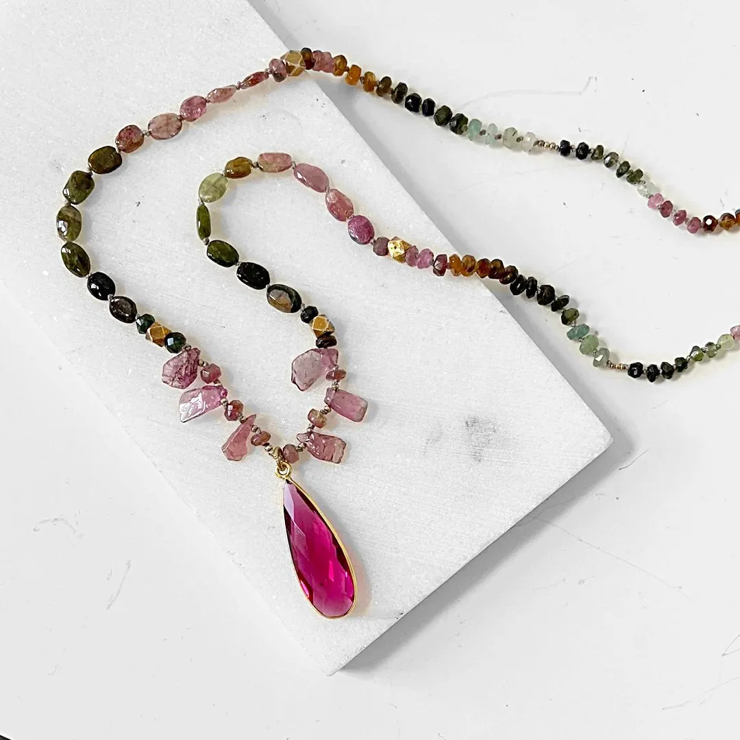 Tourmaline Necklace, Silk Necklace, Hand Knotted, Bohemian Necklace, Tourmaline Chunky Jewelry, Tourmaline Bead, Green and Pink Necklace-