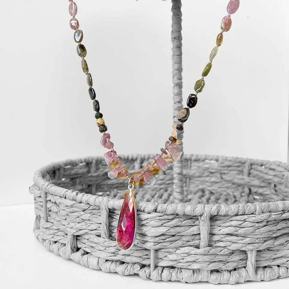 Tourmaline Necklace, Silk Necklace, Hand Knotted, Bohemian Necklace, Tourmaline Chunky Jewelry, Tourmaline Bead, Green and Pink Necklace-