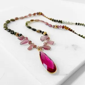 Tourmaline Necklace, Silk Necklace, Hand Knotted, Bohemian Necklace, Tourmaline Chunky Jewelry, Tourmaline Bead, Green and Pink Necklace-
