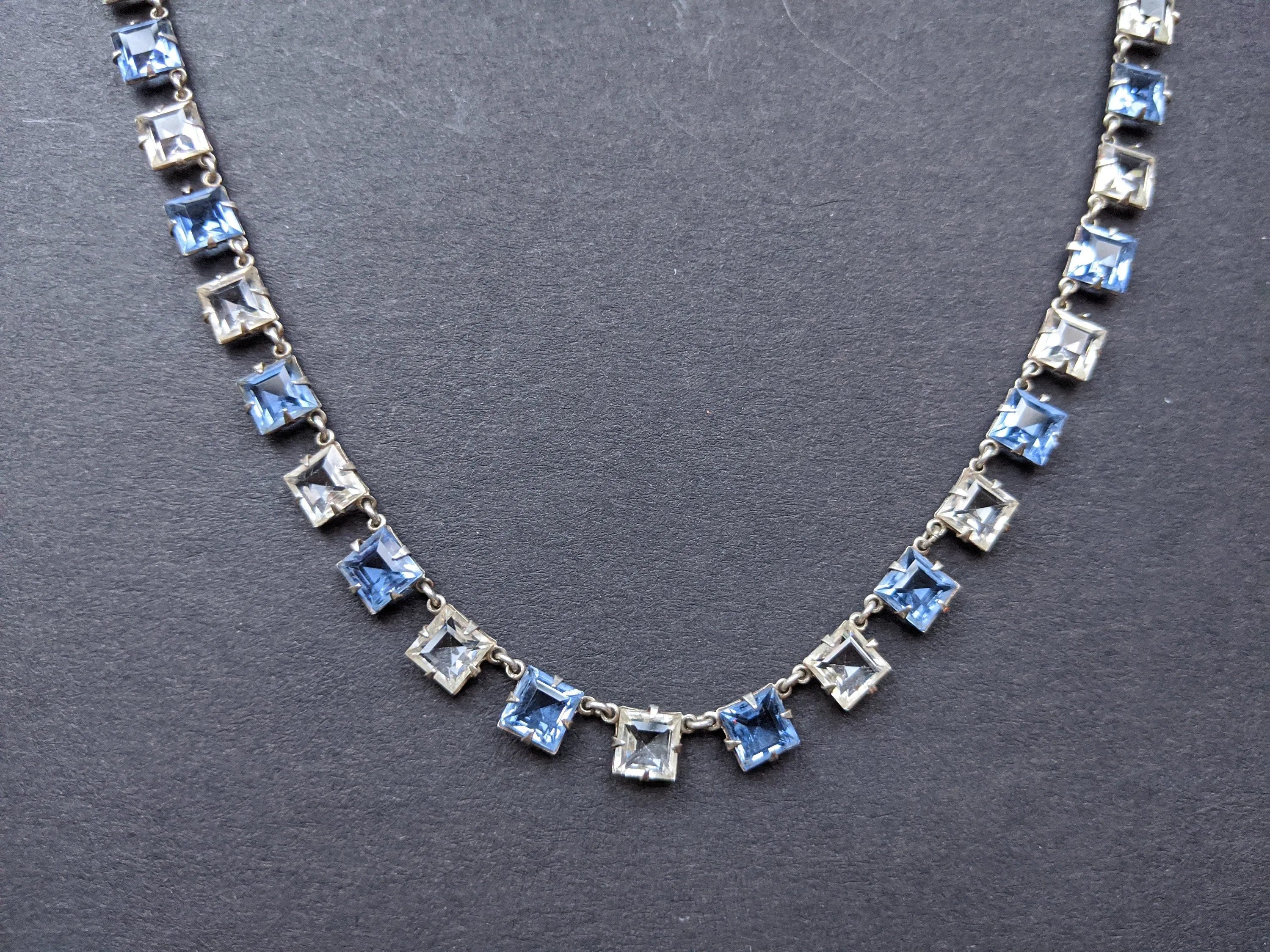 Vintage Art Deco sapphire blue crystal & clear paste riviere necklace bezel set, open backed, square / princess cut crystals, free earrings!